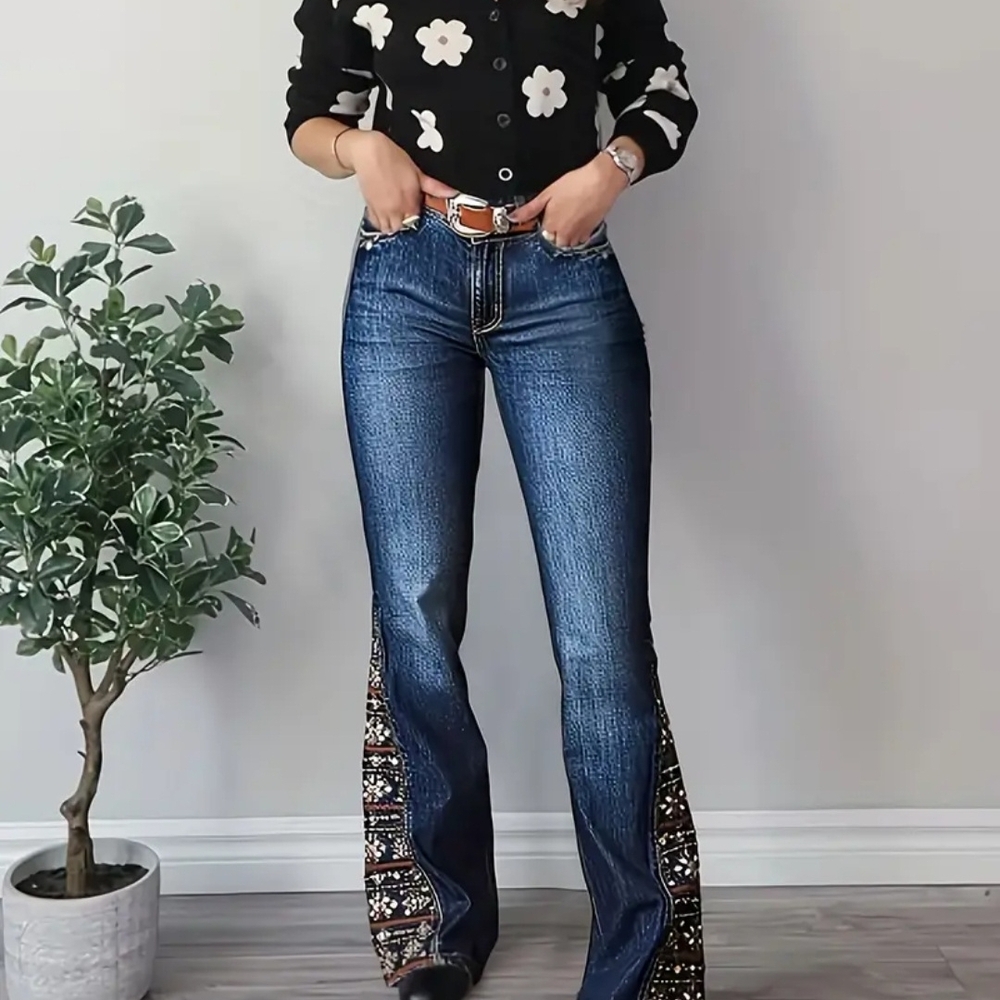 Women's Blue Flared Jeans with Patterned Detail